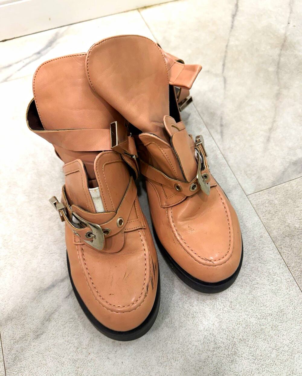 JSTELLA Women’s Beige Leather Ankle Bootie Buckle Zip Round Toe EU 38